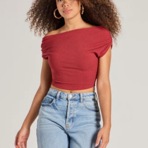 Red Short Sleeve Off-Shoulder T-Shirt